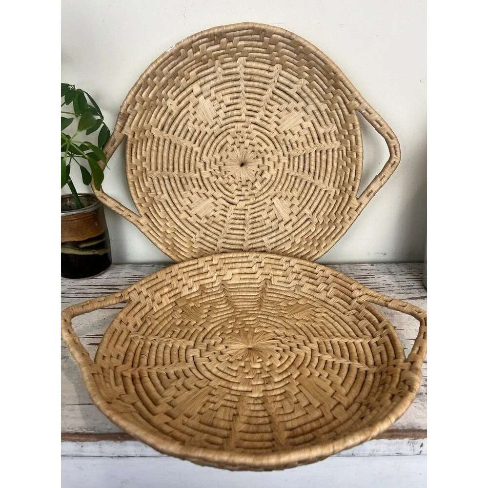 Vintage Woven Wicker Nesting Baskets Sunburst Pattern W/ Handles 14” x 11” Boho